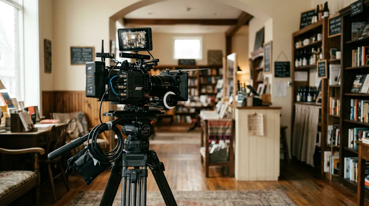 Cinema camera set up inside a shop