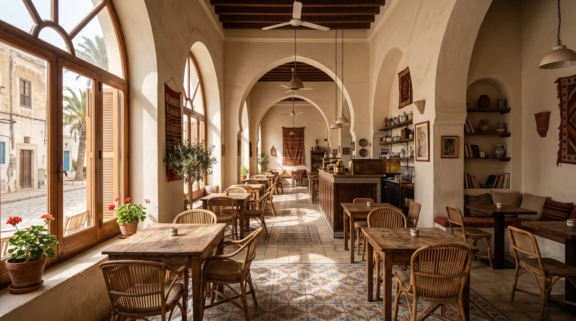 Sunlit interior of a Mediterranean cafe