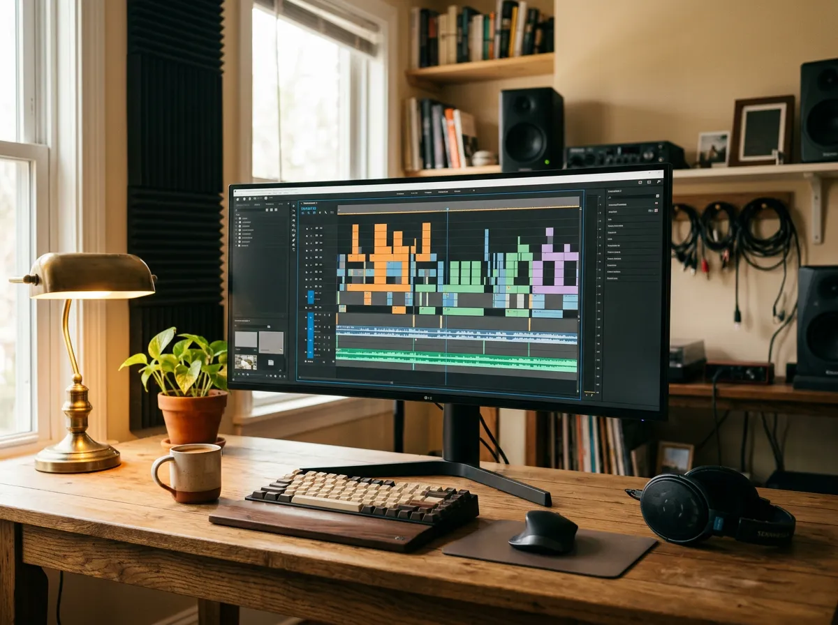 A video editing workstation showing a timeline on a wide monitor
